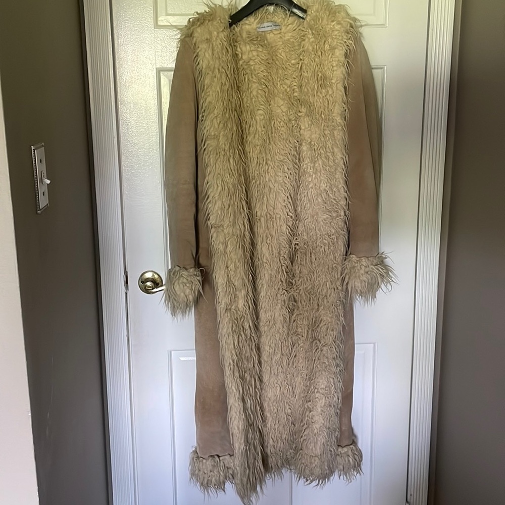 100% Leather Suede Faux Shearling Midi Coat Size M Beige Tan Full Length Y2K